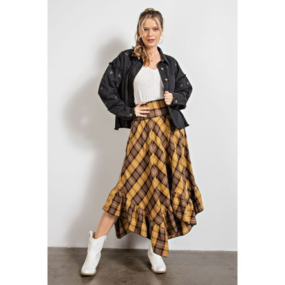 Easel Women's Plaid Ruffle Bottom Maxi Skirt in Mustard New S-L EB41266